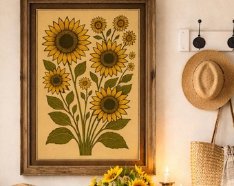 Vintage Sunflower Linocut Print | Folk Art Floral Wall Art | Wilderkind Cottage Garden Decor