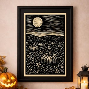 Vintage Pumpkin Patch Linocut Poster Halloween Wall Art Folk Art Print Autumn Moon Decor Farmhouse Fall Decor Black Beige Art