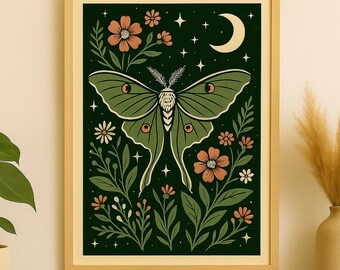 Botanical Luna Moth Print, Floral Moon Art, Dark Academia Wall Decor