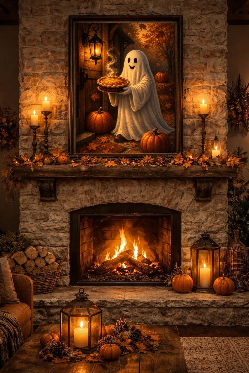 Vintage Halloween Ghost Pie Poster Cozy Autumn Lantern Wall Art Old ...