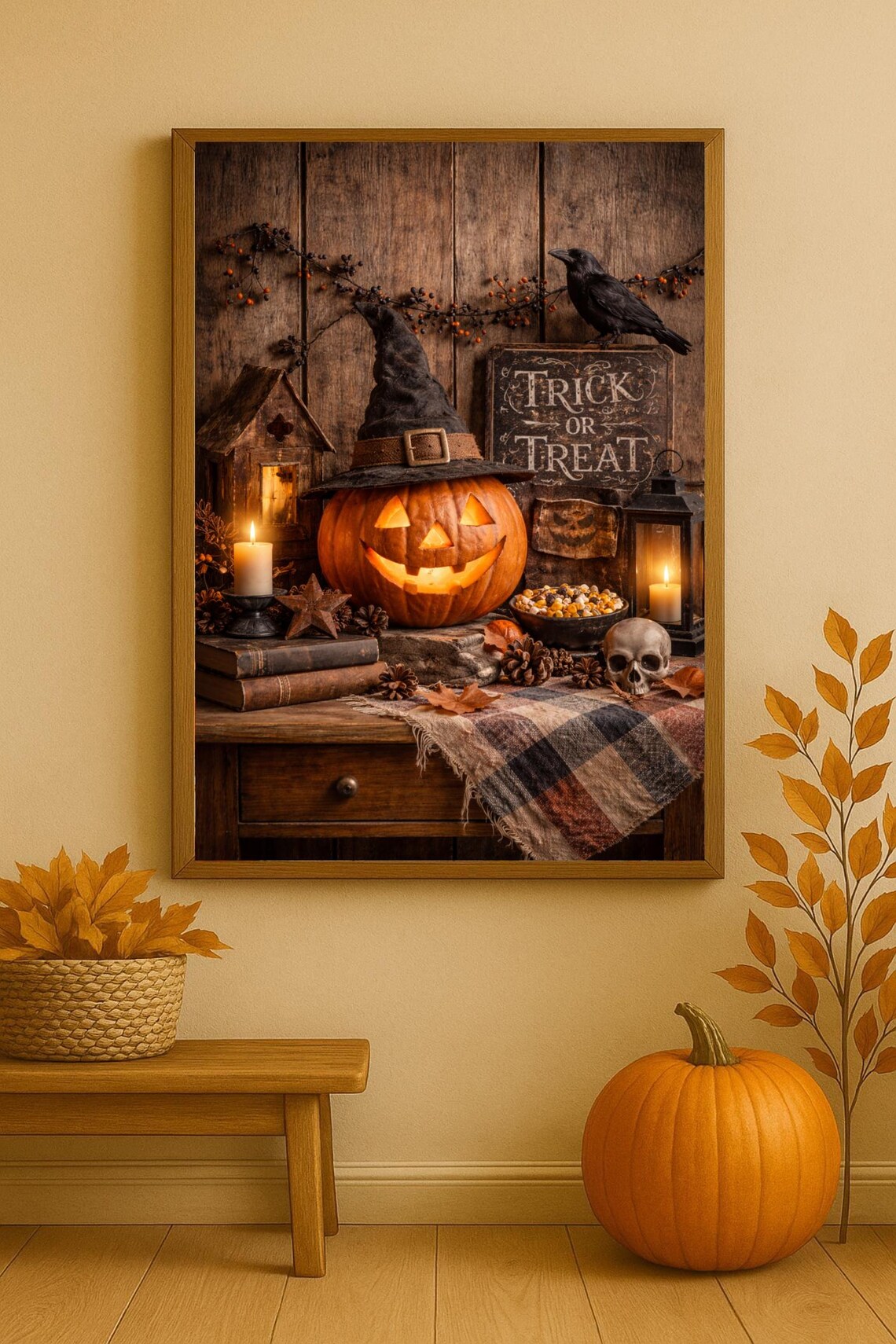 Vintage Jack O Lantern Halloween Wall Art Cozy Pumpkin Decor Rustic ...