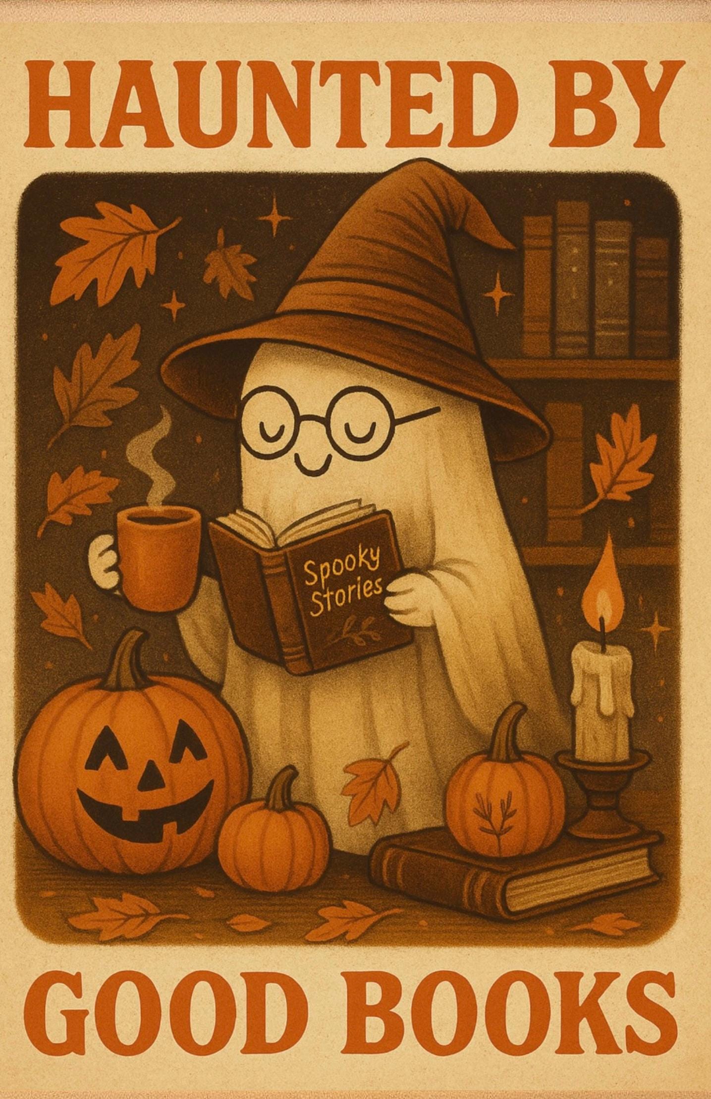 Vintage Halloween Ghost Reading Poster Haunted Library Wall Art Cozy ...