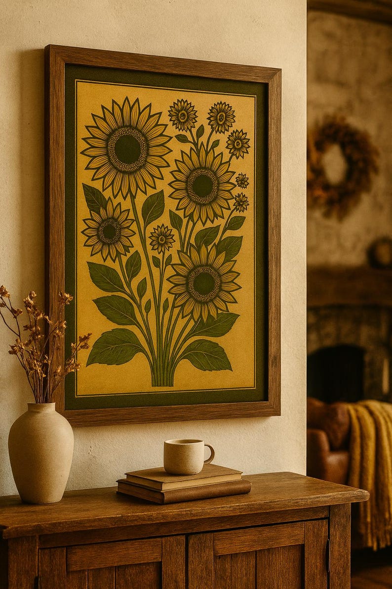 Vintage Sunflower Linocut Print | Folk Art Floral Wall Art | Wilderkind ...