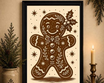 May include: A framed wall art print featuring a brown gingerbread person illustration on a cream background. The gingerbread figure is decorated with white icing details, including a bow, buttons, and holly leaves, surrounded by small stars.