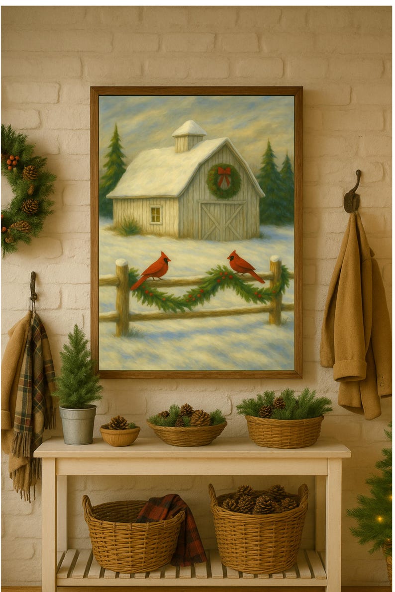 Vintage Christmas Poster Barn With Cardinals and Wreath Wall Art ...