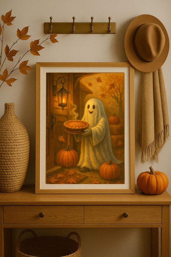 Vintage Halloween Ghost Poster – Cozy Fall Wall Art with Pumpkin Pie and Lantern – 20x30 Spooky Season Kitchen Decor