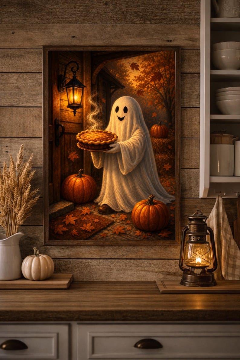 Vintage Halloween Ghost Pie Poster Cozy Autumn Lantern Wall Art Old ...