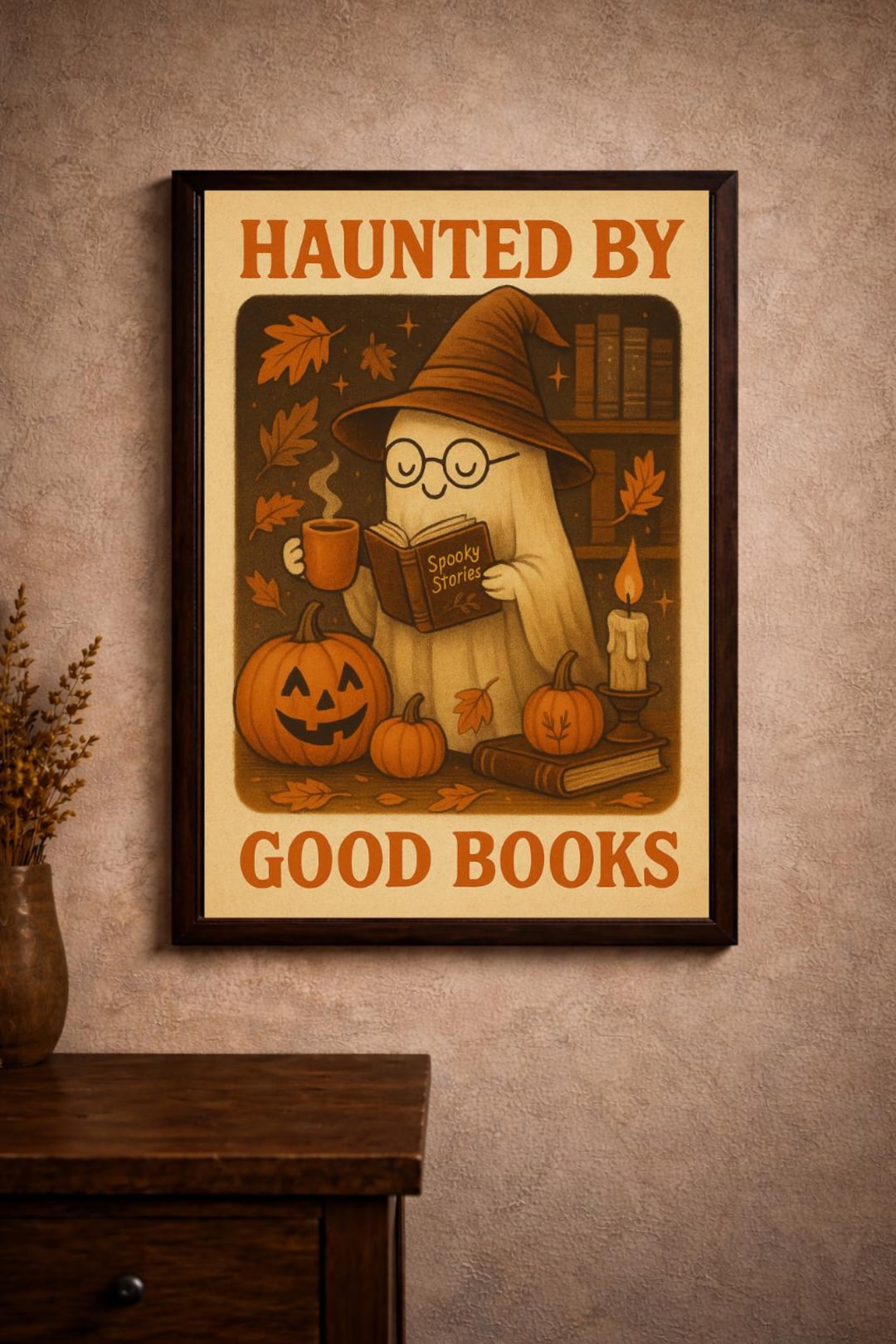 Vintage Haunted by Good Books Poster Cozy Fall Reading Decor Cute Ghost ...