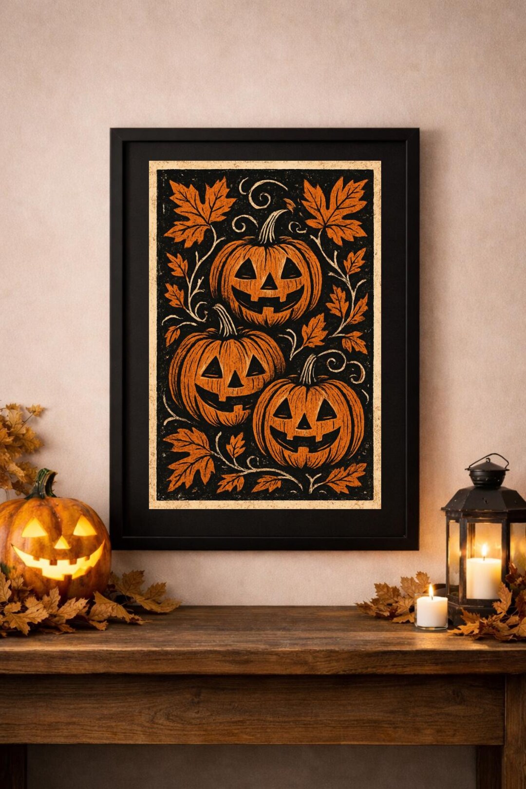 Vintage Linocut Jack O Lantern Halloween Poster Rustic Pumpkin Wall Art ...