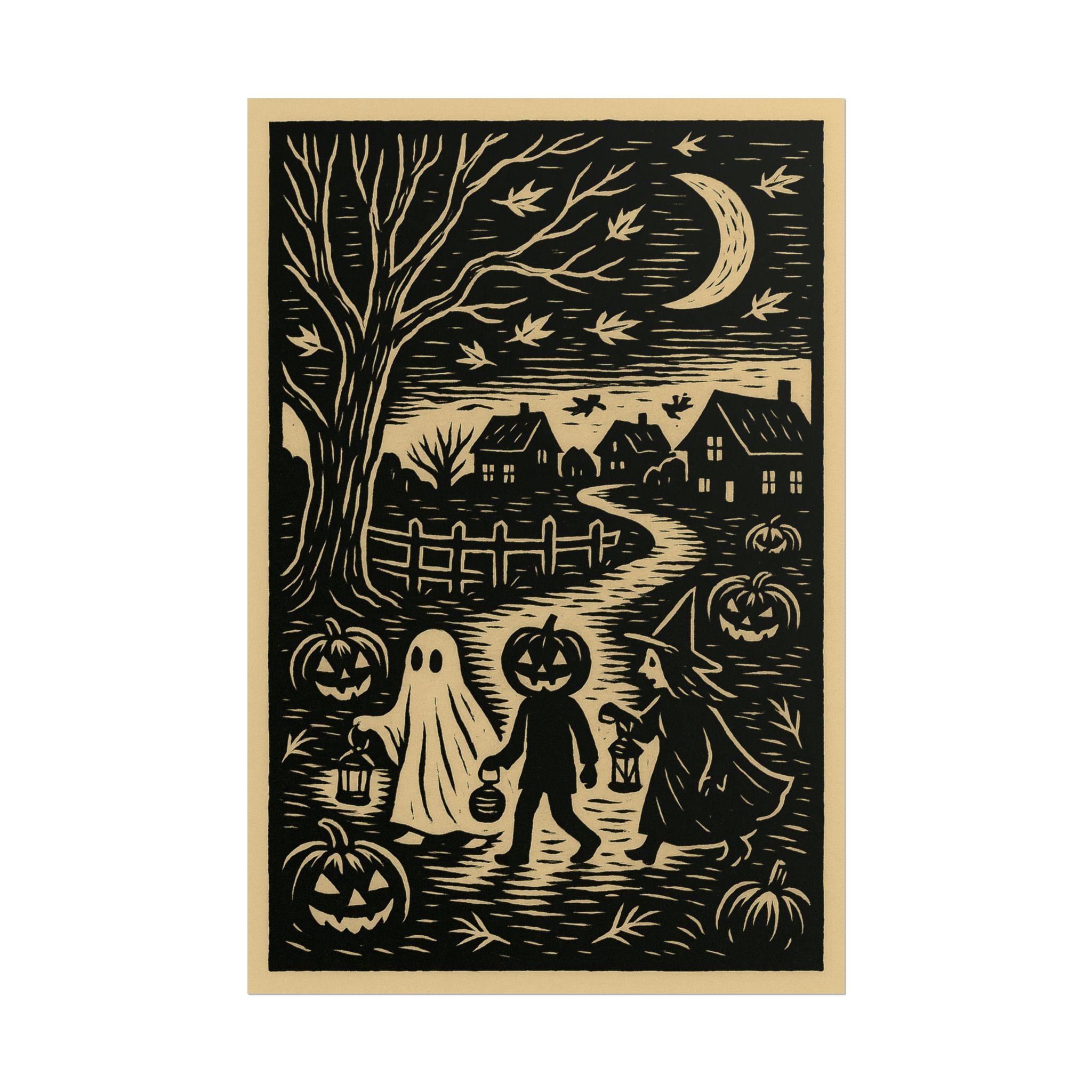 Vintage Linocut Print Trick or Treat Halloween Poster Black and Beige ...