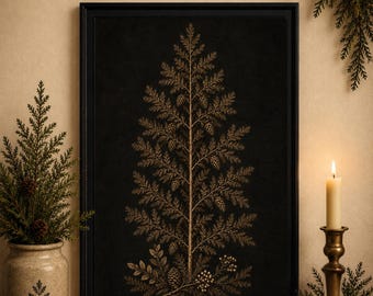 May include: A rectangular black frame containing a vertical illustration of a coniferous tree with golden-brown needles and pinecones against a solid black background. The artwork features detailed botanical branches at the base of the tree.