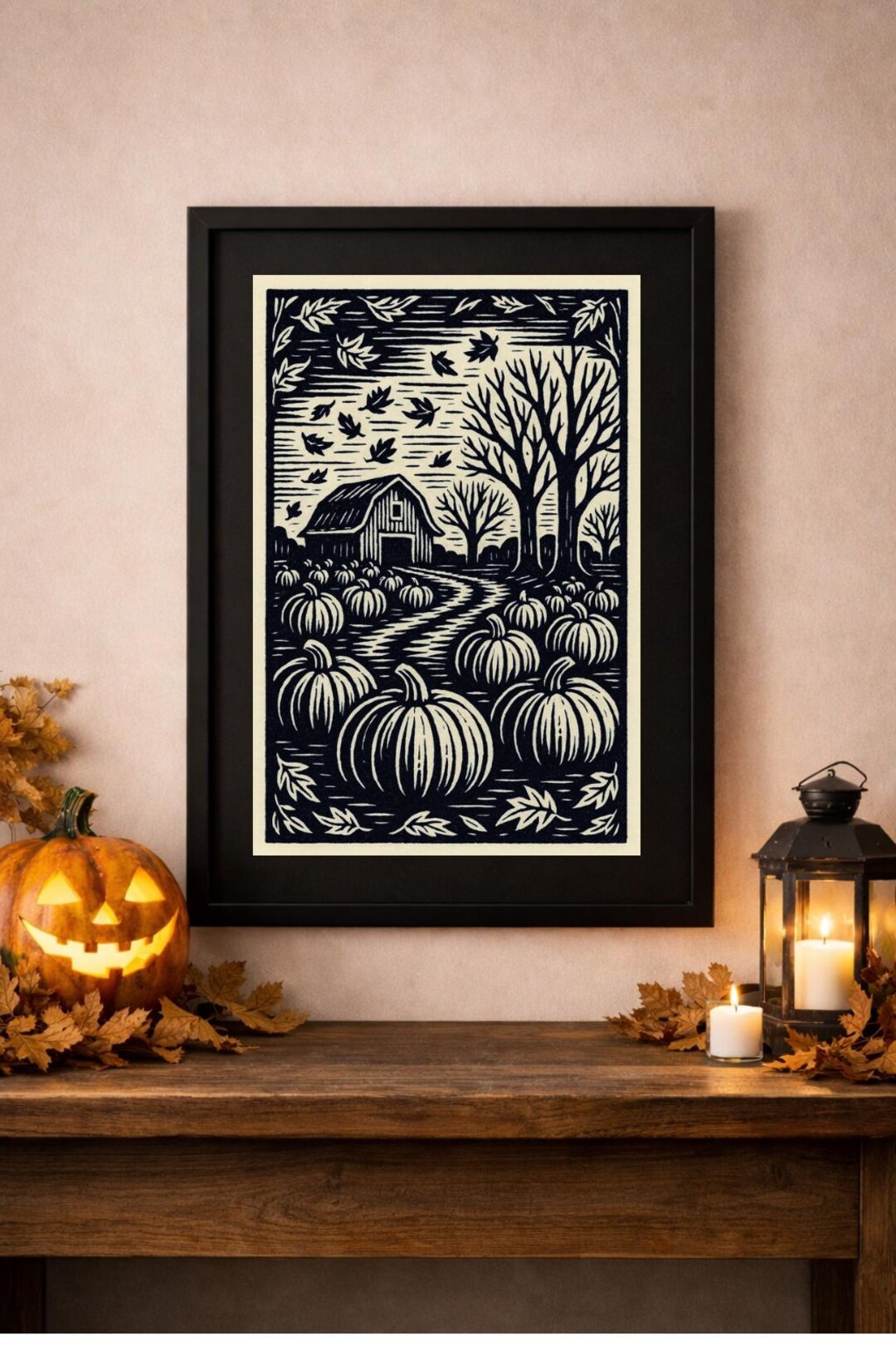 Vintage Linocut Pumpkin Field Poster Autumn Barn Print in Black and Tan ...