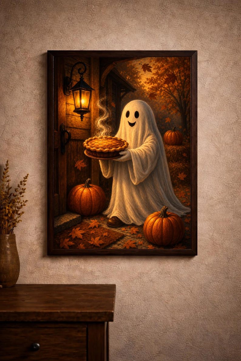 Vintage Halloween Ghost Pie Poster Cozy Autumn Lantern Wall Art Old ...