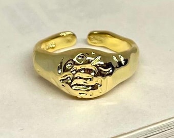 Gold Adjustable Textured Signet Ring, Tarnish Free Gold Ring, Adjustable Gold Ring, Statement Ring
