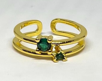 Gold Adjustable Band Ring with Green Gems, Tarnish Free Gold Ring, Adjustable Gold Ring, Statement Ring, Band Ring