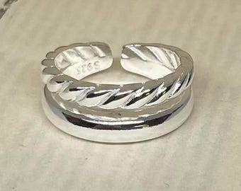 Anillo de plata ajustable con doble fila texturizada, resistente al deslustre, anillo llamativo, anillos para hombre y mujer, anillo apilable, plata de ley