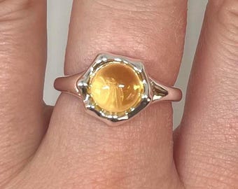 Anillo ajustable de plata con piedra circular amarilla, resistente al deslustre, con estilo, para hombre y mujer, en plata de ley.
