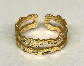 Gold verstellbarer strukturierter zweireihiger Bandring, anlauffreier Goldring, verstellbarer Goldring, Statement-Ring