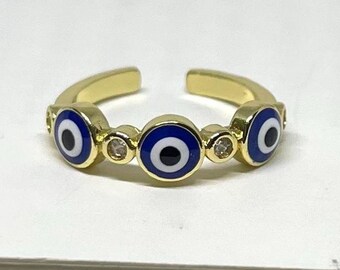 Gold Adjustable Band Ring with Blue Eye Design, Tarnish Free Gold Ring, Adjustable Gold Ring, Statement Ring, Band Ring