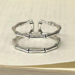 Silver Adjustable Dainty Band Ring with Bamboo Design, Tarnish Free, Rings for Men and Women, Stacking Ring, Sterling Silver
