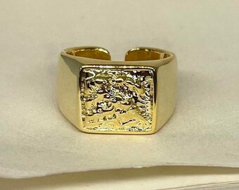Anillo de sello cuadrado texturizado grueso ajustable de oro, anillo de oro resistente al deslustre, anillo de oro ajustable, anillo llamativo, anillo de banda