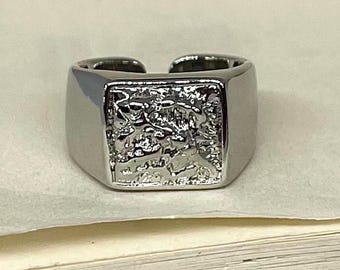 Silver Adjustable Chunky Textured Square Signet Ring, Tarnish Free Ring, Statement Ring, Rings for Men and Women, Sterling Silver Ring
