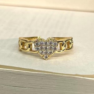 Gold Adjustable Heart Chain Band Ring with Diamantés, Tarnish Free Gold Ring, Adjustable Gold Ring, Statement Ring, Band Ring