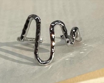 Silver Adjustable Textured Wave Ring, Tarnish Free Silver Ring, Statement Ring, Rings for Men and Women, Stainless Steel Ring