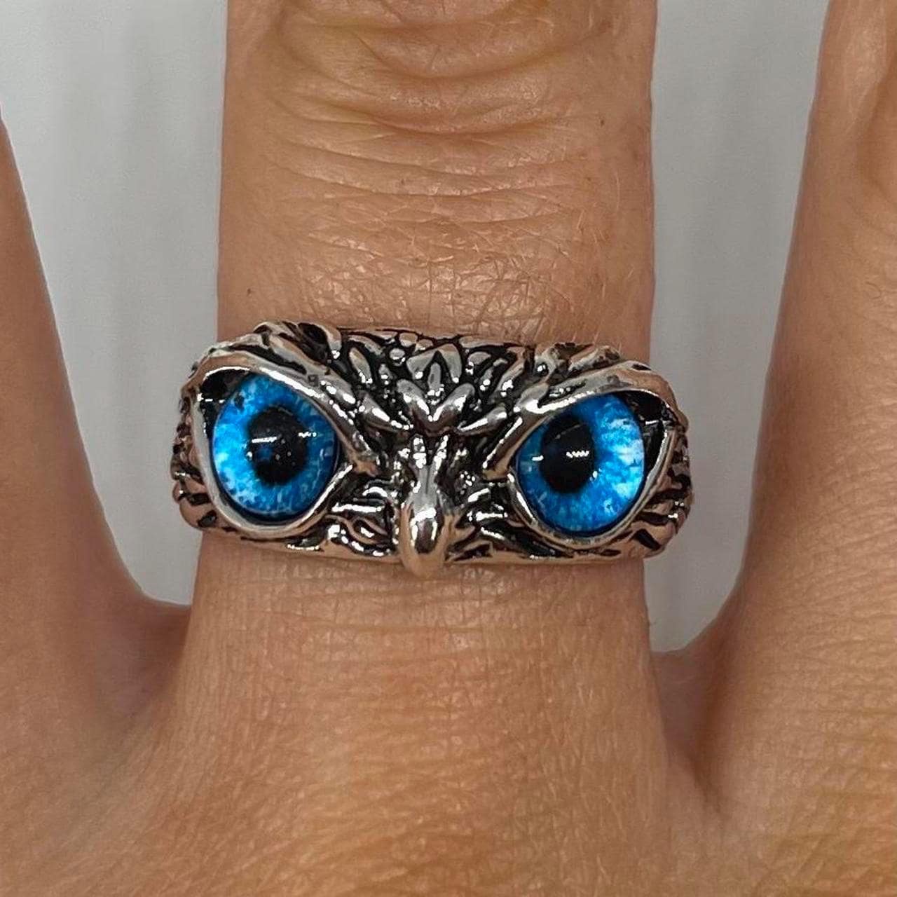 Adjustable Blue Owl Eye Rings - Silver Plated Antique Finish Unisex Fashion Jewelry