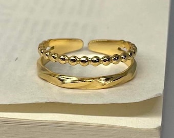 Gold verstellbare zweireihige Bandring, Anlauffrei Goldring, verstellbarer Goldring, Statement Ring