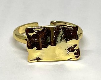 Gold Adjustable Textured Rectangle Band Ring, Tarnish Free Gold Ring, Adjustable Gold Ring, Statement Ring, Adjustable Ring