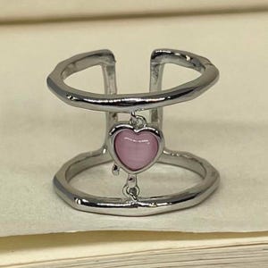 Silver Adjustable Double Row Band Ring with Pink Heart, Tarnish Free Ring, Statement Ring, Rings for Men and Women, Stainless Steel Ring