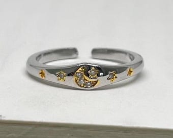 Anillo ajustable de plata y oro con luna y estrellas. Resistente al deslustre. Anillo llamativo. Anillos para hombre y mujer. Anillo apilable. Acero inoxidable.