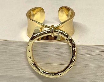 Gold Adjustable Band Ring with Circle Charm, Tarnish Free Gold Ring, Adjustable Gold Ring, Statement Ring, Stacking Ring, Chunky Ring