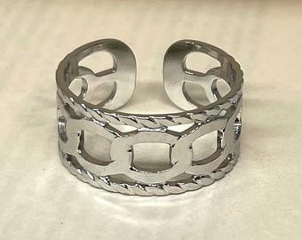 Anillo ajustable con diseño de cadena de plata, resistente al deslustre, con estilo, para hombre y mujer, de acero inoxidable.