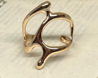 Gold Adjustable Irregular Asymmetrical Ring, Tarnish Free Gold Ring, Adjustable Gold Ring, Statement Ring