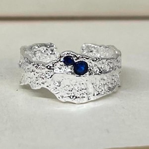 Silver Adjustable Textured Band Ring with Blue Gems, Tarnish Free Ring, Statement Ring, Rings for Men and Women, Stainless Steel Ring