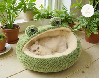 Lit pour chat grenouille, niche chaude en peluche pour chien, nid vert des cavernes pour animal de compagnie