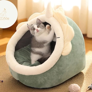 Deep Sleep Cat Bed  Cozy Cartoon Pet Cave with Ears and Pompom – Foldable Washable Cat House – Small Dog and Kitten Sleeping Bed