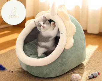 Gemütliches Katzenbett Höhle mit Ohren  Bommel – Faltbar, Waschbar, Kuschelhöhle für Katzen & kleine Hunde