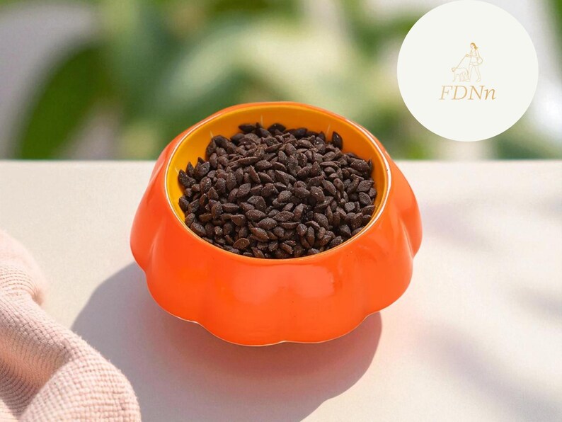 May include: An orange ceramic pet bowl filled with dark brown kibble. The bowl has a pumpkin-like shape with a yellow interior. The logo "FDNn" is visible in the background. A soft pink cloth is partially visible on the left.