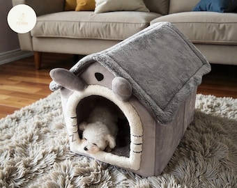 Lit en peluche gris pour chat, niche moderne pour chien, tente intérieure chaude pour animal de compagnie