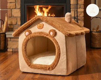 Lit troglodyte en peluche marron pour animal de compagnie, hutte pour chien chaude, tente confortable pour chat