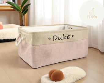 Panier à jouets en lin personnalisé pour animal de compagnie : bac de rangement pliable, motif patte/coeur