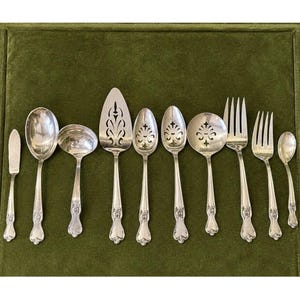May include: A set of nine silver-toned metal utensils including a butter knife, a large spoon, a ladle, a cake server, two slotted spoons, a round slotted spoon, and two forks, all featuring ornate embossed floral detailing on the handles.