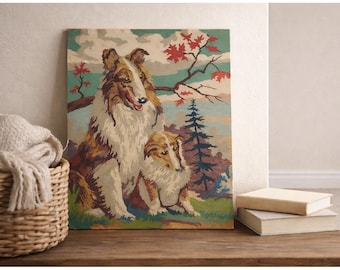 Vintage Collie/Puppy Dog Paint By Number 12x16 Wall Art Lassie Style Unframed