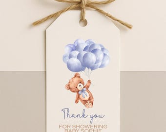 Blue Teddy Bear Baby Shower Favor Tags: Balloon Theme, Personalized