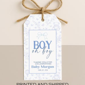 Toile de Jouy Baby Shower Favor Tags – Dusty Blue Floral Baby Boy Thank You Tags – Personalized Printed and Shipped Party Tags
