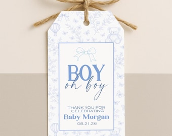 Toile de Jouy Baby Shower Favor Tags: Dusty Blue, Personalized & Shipped