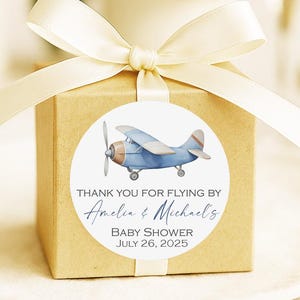 Airplane Baby Shower Stickers – “Thank You for Flying By” Favor Labels – Personalized Round Labels for Boy Baby Shower Party Favors
